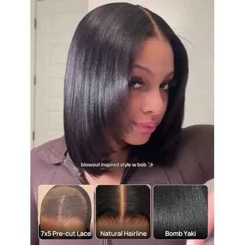 Julia Hair 12 Inch Yaki Straight Drawstring Wigs Human Hair Put On and Go Glueless Bob Wig 7x5 Bye Bye Knots Pre Plucked Pre-Cut Lace Closure Wig Beginner Friendly Black Short Yaki Bob Bleached Knots