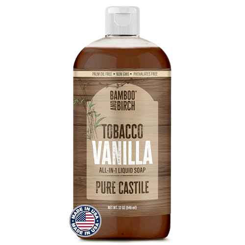 BAMBOO AND BIRCH Pure Castile Soap Liquid, Certified Palm Oil Free Natural Soap, Tobacco Vanilla, 32 oz