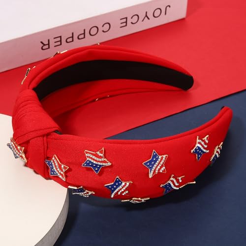 NVENF 4th of July Headbands, American Flag Star Headband Pearl Crystal Rhinestone Knotted Headbands Patriotic 4th of July Accessories Outfits for Women Holiday Gifts (Star B-Red)