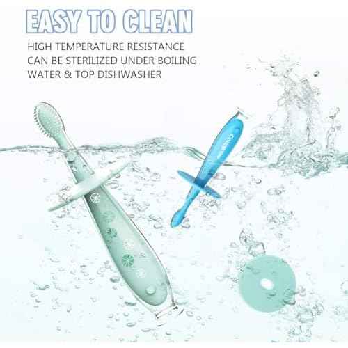 Baby Toothbrush with Suction Base - Gentle Cleaning for Toddler's Self-Brushing Training, Food-Grade Silicone, Extra Soft/Tough Bristles, BPA/Phthalate Free, Anti-chocking/Anti-Fall Design-2 Pack