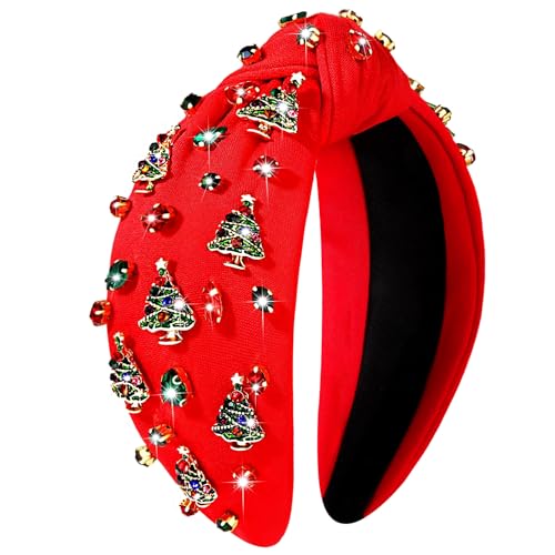 Christmas Headband for Women Jeweled Xmas Tree Headband Embellished Crystal Pearl Knotted Headbands Wide Top Knot Holiday Headband Christmas Hair Accessories Holiday Outfits Gifts (Christmas Tree)