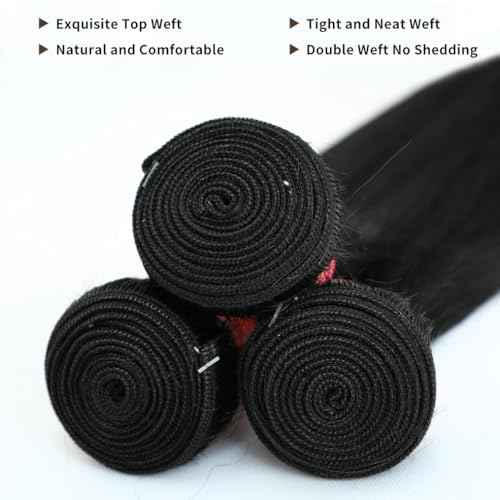 12A Straight Bundles Human Hair 20 22 24 Inch Human Hair Bundles 100% Unprocessed Brazilian Virgin Hair for Women Quick Weave Hair 3 Bundle Deals Hair Extensions Natural Black