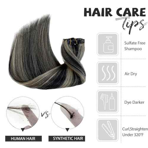 Belaved Clip in Hair Extensions, 20 Inch 70g Black Mix Blonde Clip in Hair Extensions Real Human Hair 7pcs Straight Double Weft Nature Ends