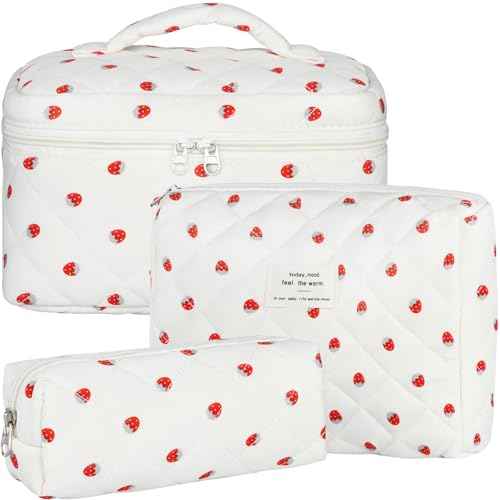 Quilted Makeup Bag Set, 3Pcs Large Checkered Corduroy Cosmetic Bags, Cute Coquette Makeup Bag Toiletry Zipper Pouch Bag for Women and Girls Checkered