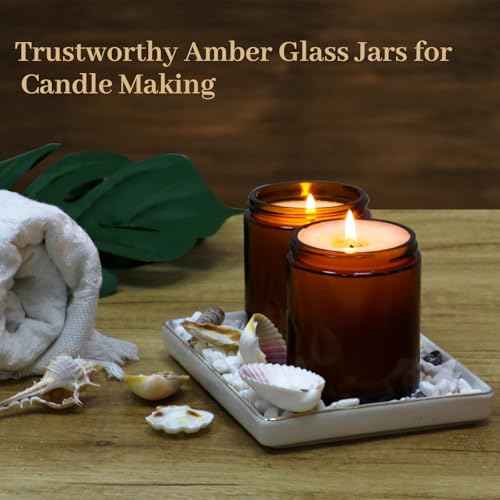 AuroTrends 8 oz Amber Glass Jars with Lids (12-Pack) - Candle Jars for Making Candles, Amber Cosmetic Cream Jar - Leakproof Plastic Lids & Labels Included (8fl.oz-12Pack)