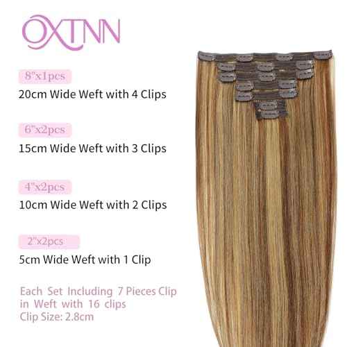 Clip in Hair Extensions Real Human Hair Chocolate Brown to Caramel Blonde 18 inch 7pcs 80g/Pack, Human Hair Clip in Extensions, Salon-Grade Quality, Easy Comfort Wear for Women (#P4/27, 18 inch)