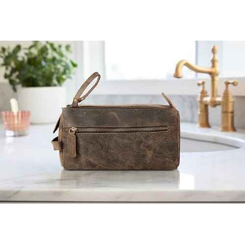 KomalC Premium Buffalo Leather Toiletry Bag for Men & Women ? Leather Dopp Kit With Water resistant Lining, Premium Toiletry Travel Pouch, Unisex Wash Bag for Toiletries, Gifts for Men and Women