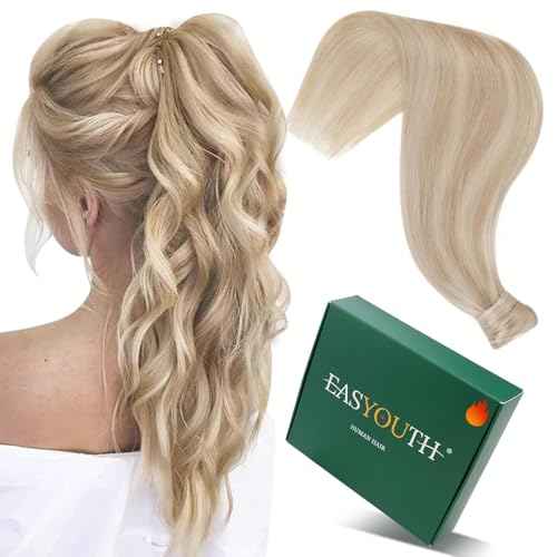 Easyouth Ponytail Extension Human Hair Blonde Pony Tails Hair Extensions Golden Blonde Highlighted Blond Wrap Around Ponytail Extensions for Women 12 Inch 70g