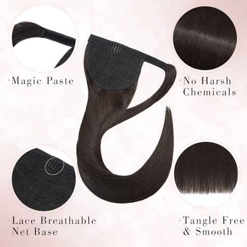 Ponytail Extensions Human Hair Long Straight Ponytail Hair Extensions with Magic Paste Wrap Around Clip in Ponytail Extensions Real Human Hair,18inch #2 Dark Brown,90g