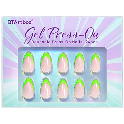 BTArtbox French Tip Press On Nails - Neow Green Press On Nails Short for St. Patrick's Day Gifts, Almond Stick On Nails, Glue On Nails in 16 Sizes - 30 Pcs Soft Gel Fake Nails Kit, Green French