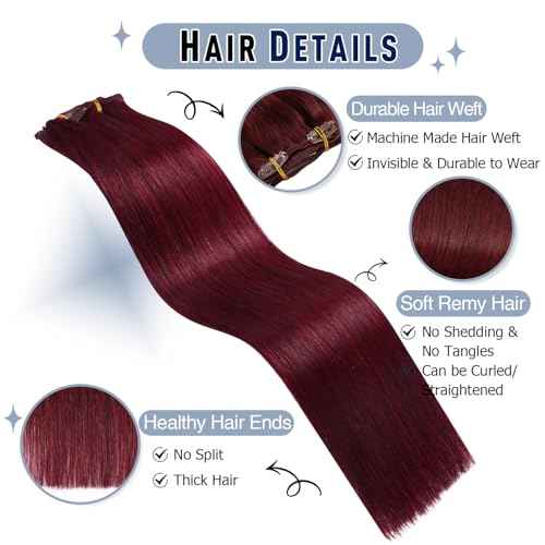 Sunya Clip in Hair Extensions Real Human Hair 7 Pcs Human Hair Clip in Extensions 18 Inch Straight Double Weft Remy Human Hair Extensions Clip ins for Women #99J Burgundy 80G