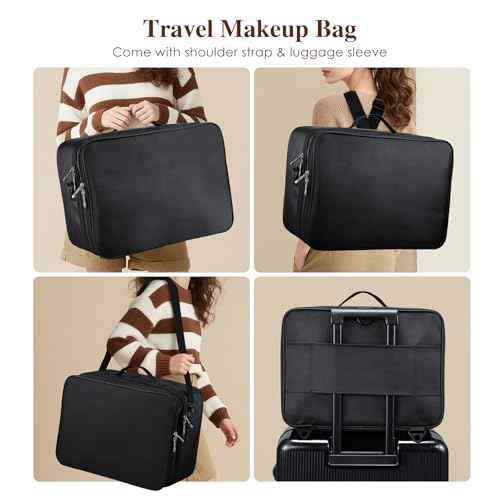 Adazzo Extra Large Makeup Case 8.5¡± Deep Professional Cosmetic Organizer Box Brush Holder with 3 Clear Set Bags/Lipstick Plate for Makeup Artists with Shoulder Strap/Adjustable Dividers/Luggage Sleeve
