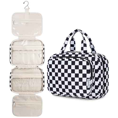 Narwey Hanging Toiletry Bag for Women Travel Makeup Bag Organizer Toiletries Bag for Travel Size Essentials Accessories Cosmetics (Black Checkerboard (Medium))