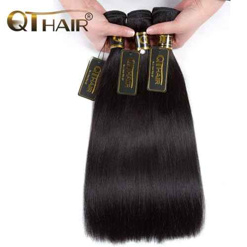 QTHAIR 16A Grade Brazilian Straight Human Hair Bundles With Frontal 12'' 14'' 16''+12'' 13x4 Ear to Ear Lace Frontal 100% Unprocessed Virgin Brazilian Human Hair Straight Hair Natural Color