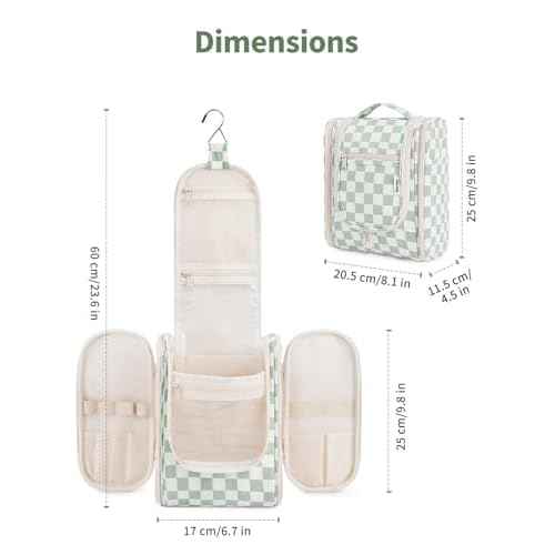 Narwey Small Checkered Hanging Travel Toiletry Bag for Women, Travel Bag for Toiletries, Makeup Bag Organizer Cosmetic Bags Make Up Bags for Women (Mint Green Checkerboard)