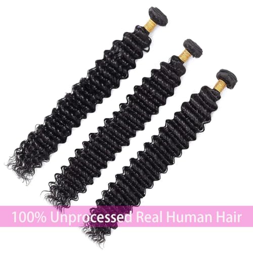 12A Deep Wave Bundles Human Hair 12 14 16 Inch 100% Unprocessed Brazilian Virgin Deep Curly Human Hair 3 Bundles Wet and Wavy Double Weft Deep Wavy Hair Extensions Real Human Hair Natural Black