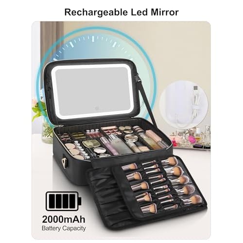 Relavel Travel Makeup Bag With LED Mirror, 16.2" Large Makeup Train Case, 3 Color Scenarios Adjustable Brightness, Waterproof Makeup Train Case Organizer with DIY Dividers for Makeup Artist, Black