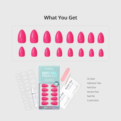 BTArtbox Press On Nails Short - Hot Pink Almond Press On Nails with Glue for Women, Opaque Soft Gel Glue On Nails in 16 Sizes - 32 Stick On Nails Kit, Power Pink