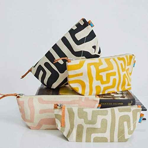 Ubuntu Life Kuba Pouch ? Makeup & Toiletry Bag for Women Made with Natural Cotton Canvas, Stylish Cosmetic Bag with Kuba African Print (Black & Eggshell, Large)