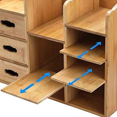 Coloch Bamboo Makeup Cosmetics Organizer with Drawers, Multifunctional Dresser Top Makeup Storage Tabletop Organizer Shelf for Desktop, Skincare, Beauty Supplies, Cosmetics Display, Stationery Storage