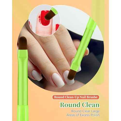 3PCS Nail Polish Clean Up Brush, Round&Falt&Angled Acetone Resistant Nail Brush for OPI Nail Polish Remover, Fingernail Cleaning Brushes at Home Nail Art and Designs(Bright Green)