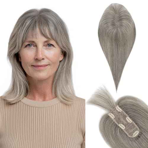 TESS Real Hair Toppers for Women Handmade Lace Base Womens Clip In Hairpieces with Bangs 5 Clips Natural Coverage Soft and Secure 2¡¿6", Silver
