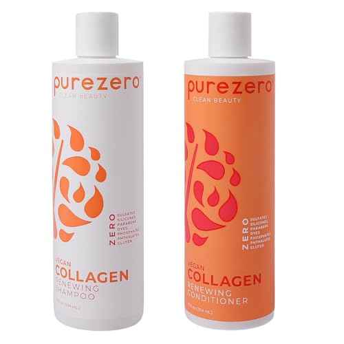 PureZero Vegan Collagen Shampoo & Conditioner Set - Strengthening & Hydrating Clean Beauty Duo for Dry or Damaged Hair ? Plant-Based Collagen, Sulfate-Free, Paraben-Free, Cruelty-Free, 2 ¡¿ 12 oz
