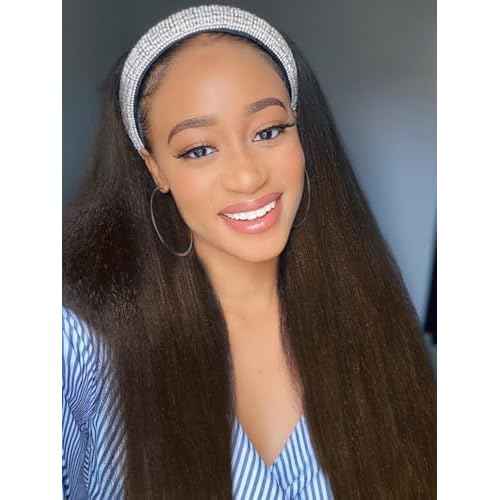 Julia Hair 12A Headband Wig Human Hair Yaki Straight Glueless None Lace Half Wig With Pre-attached Scarf Ombre Chestnut Brown Highlight With Dark Roots for Black Women Put on and Go 18 Inch