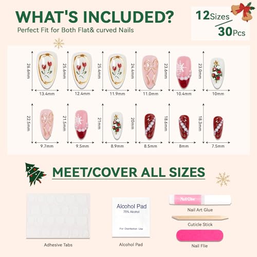 Christmas Press On Nails Medium-Reusable Almond Fake Nails with 3D Bow Pearl Snowflakes Xmas Tree Designs Red French Tips Nails Glitter Winter Xmas Nails Press On for Women Girls,30 Pcs
