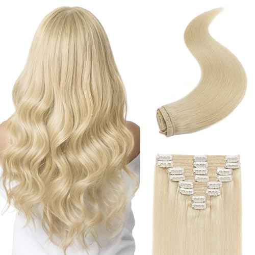 S-noilite Clip in Hair Extensions Real Human Hair Platinum Blonde Clip on Extensions 18 Inch 8pcs 140g Straight Double Weft #60