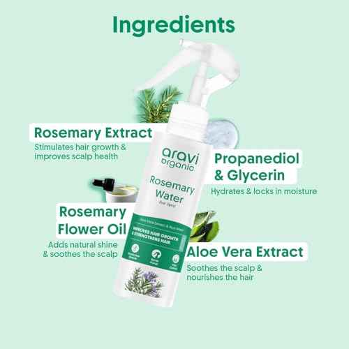 Aravi Organic Rosemary Water Hair Spray with Aloe Vera & Rice Water | Stimulates Hair Follicles, Boosts Hair Growth & Thickness, Reduces Hair Fall, Breakage & Dandruff | For Men & Women - 100ml