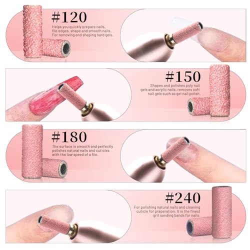 300Pcs Small Sanding Bands for Nail Drill Bits Set, Mini Sanding Bands with 2 Mandrel Bits Coarse Fine Grit #150#180#240 Grits, Professional for Acrylic Nails Manicures and Pedicure-Pink