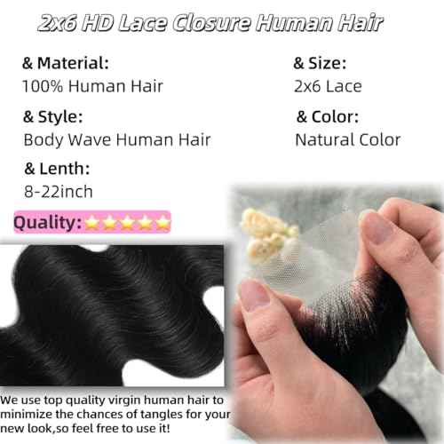 2x6 HD Lace Closure Body Wave Human Hair Transparent 2 by 6 HD Lace Closure 22Inch 100% Brazilian Virgin Unprocessed Middle Part Human Hair Kim K Closure With Baby Hair Natural Color