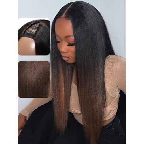 UNICE V Part Wigs Human Hair Yaki Straight Clip in Vpart Glueless Human Hair Wig No Sew in No Glue Ombre Chestnut Brown Beginner Friendly 150% Density 18 inch