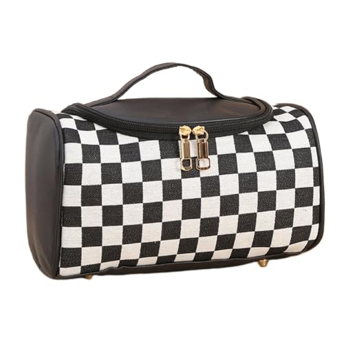 Waztyuk Checkered Makeup Bag Travel Purse Toiletry Bag Women Cute Cosmetic Case Portable Hanging Organizer for Essentials (Black)