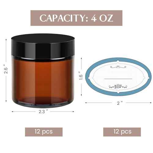 Qeirudu 4 Oz Small Amber Glass Jars with Black Lids, 12 Pack Airtight Cosmetic Jars with Inner Liners Round Empty Sample Containers for Lotions, Creams, Candles, Body Butters, Essential oil