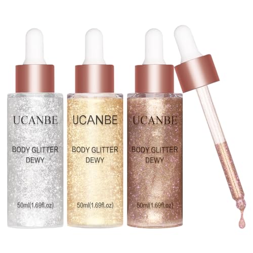 UCANBE Glow Shimmer Drop Set for Women Highlighter Makeup Body Glitter Dewy Liquid Face Holographic Luminizer Sparkles for Face (3 Pcs)