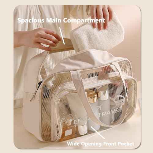 Travel Toiletry Bag for Women and Men, Beach Bag Waterproof Sandproof, Large Clear Tote for Gym Pool Beach Summer Vacation (Beige)