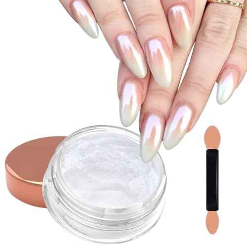Laza White Chrome Nail Powder Glazed Donut Nails Metallic Effect Pigment Shimmer Pearlescent Mica Powder Iridescent Aurora Nail Glitter Fairy Dust Gel Nail Art Supplies Nail Techs ? Pearl Chrome
