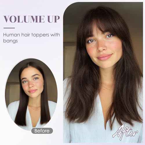 Hair Toppers for Women Real Human Hair 16 Inch Long Straight Toppers for Women with Thinning 7 * 13CM Silk Base Clip in Hairpieces with Bangs (Medium Brown)