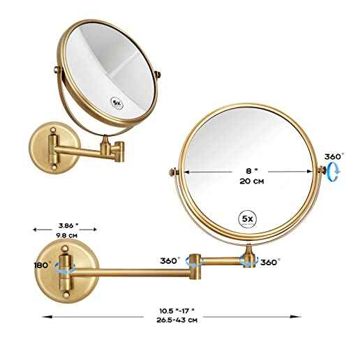 8 Inch Brass Bathroom Magnifying Mirror Wall Mounted 5X, 360 Swivel Extendable Arm Cosmetic Mirror, Home Bathroom Shaving Vanity Mirror, Brushed Antique Brass