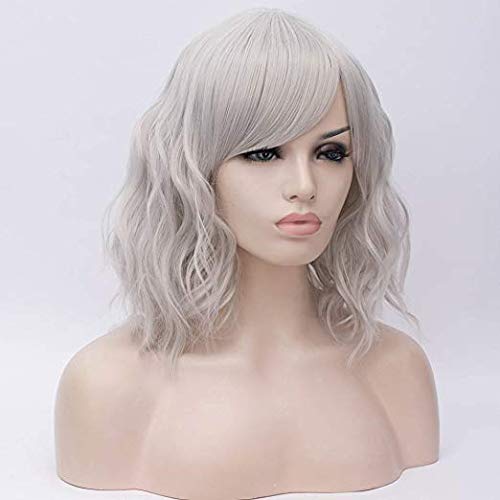 PLUSKER 40cm/15.7inch Women Short Curly Silver Gray Cosplay Wig with Side-Parted Bangs Lolita Style Hair Synthetic Heat Resistant Party Costume Wigs