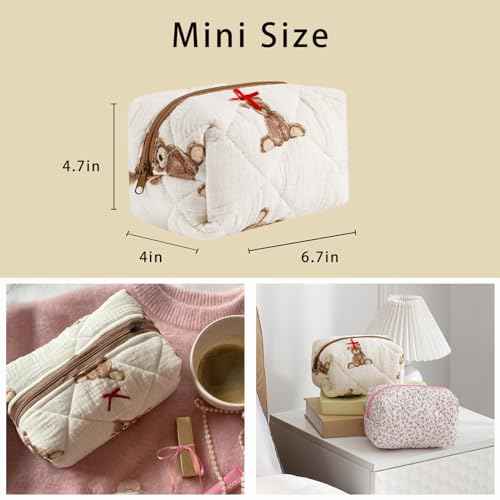 Cute Small Floral Cotton Makeup Bag, Quilted Zipper Pouch with Coquette Bear for Women and Girls, Kawaii Travel Cosmetic Bags for Purse(01Little Bear)