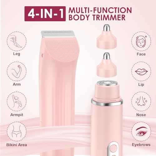 4-in-1 Bikini Trimmer for Women, Dual Head Electric Razors Shaver | Painless Bikini, Body & Facial Hair Remover | IPX7 Waterproof for Wet/Dry Use | Includes Nose & Eyebrow Trimmer Heads(Pink)