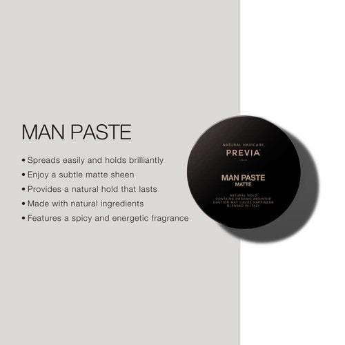 PREVIA Man Paste - Matte Hair Styling Paste for Natural Hold and Texture | Molding Hair Paste for Short or Long Hair | Vegan Gluten-Free Sulfate-Free Hair Styling Solution (3.38 oz)