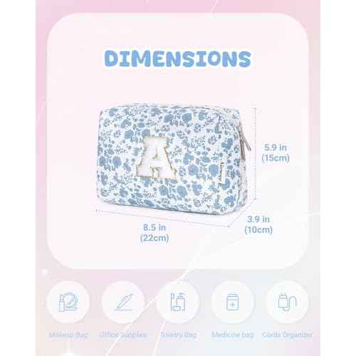 Narwey Christmas Gifts for Teen Girls Kids Women Personalized Initial Floral Makeup Bag Cute Cosmetic Trendy Stuff 6 8 10 11 12 13 14 16 18 Years Old Travel Toiletry Bag (Little Blue Flower A)