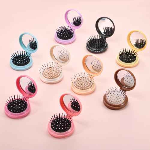 9 Pack Mini Hair Brush Foldable Travel Hair Brushes with Mirror Round Portable Folding Pocket Hair Brush Mini Comb Compact Travel Size Massage Comb for Men Women
