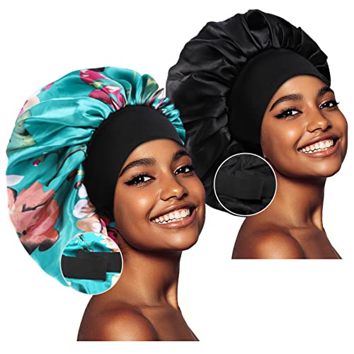 CACASO 2PCS Large Satin Bonnet,Silk Bonnet for Curly Hair,Big Sleep Cap with Wide Elastic Band,Jumbo Bonnet for Women Hair Care,Hair Cap for Sleeping,Hair Bonnet for Braids (Black+Peacock Blue)