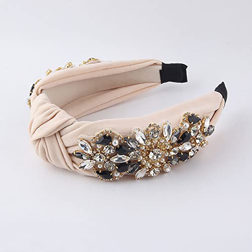 Yusier Knotted Headbands for Women Rhinestone Crystal Headband Handmade Jewelry Hair Accessories Fashion Wide Hairband (Beige)