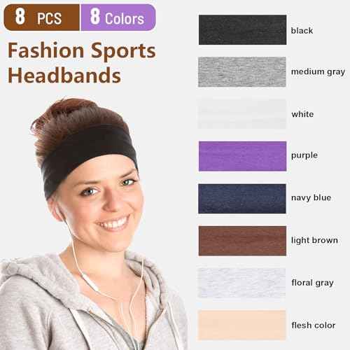 Headbands for Women, 8 PCS Elastic Head Bands for Women's Hair, Premium Workout Headbands for Women Non Slip, Fashion Stretchy Soft Cotton Cloth Fabric Sports Sweat Band for Yoga Running